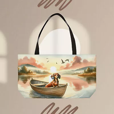 Dachshund At Dawn Tote Bag - Weekender Lake Sunrise Journey Bag Black Handle • $30.65