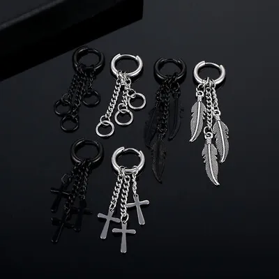 PAIR Men Women Chain Tassel Dangle Hoop Earrings Ear Piercing Punk Jewellery • £3.49