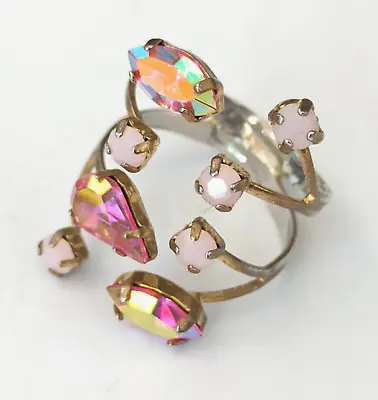 Vintage Ring Wide Pink AB Crystal Split Shank Open Aurora Borealis Statement VTG • $20