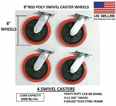 Heavy Duty 8  X 2  Red Hard Poly Swivel Caster Wheels 3/16  Steel Hr • $79.99