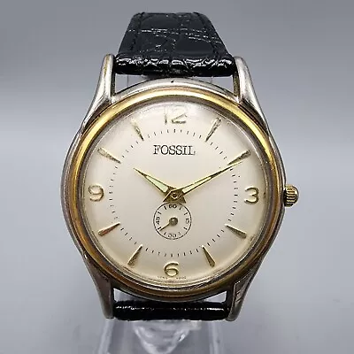 VTG Fossil Watch Men 34mm White Dial Two Tone Small Seconds Round New Battery • $29.99