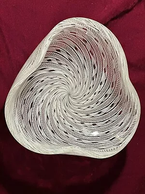 MURANO ITALY VENINI Vintage Gold And White Latticino Art Glass Bowl  8  Clover • $200