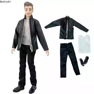 Black Leather Motorcycle Style Outfits For Ken Boy Doll Clothes Set Coat Jacket • £4.76