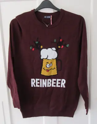 Avenue Mens Burgundy Acrylic Novelty Reinbeer Christmas Jumper - S - NWT • £10.99