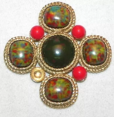 Vintage Sarah Coventry Green Mosaic Stone Red Bead Maltese Cross Pin Brooch • $10