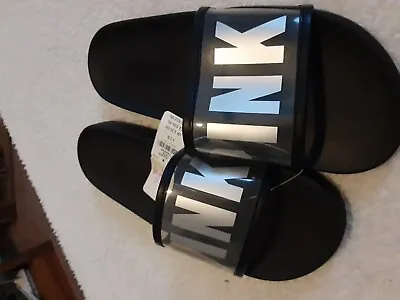 Victoria's Secret Pink Logo Slides Sandals Black Clear Size Large 9 10 NEW HTF • $39.99