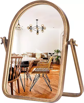 Vintage Vanity Table Mirror-Desk Makeup Mirror Golden Metal Framed Small Stand M • $59.75