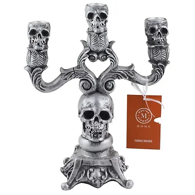 Martha Stewart Halloween 11  Skull Candlebra Gothic Silver Taper Candle Holder • $19.95