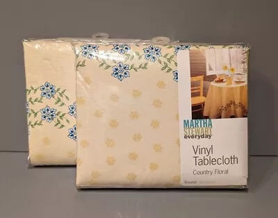 Vintage '04 Martha Stewart 70  Round Vinyl Tablecloth Country Floral Yellow Blue • $24.99