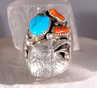 Men's Turquoise & Coral Eagle Ring Sterling Silver Size 9.75 • $149.95