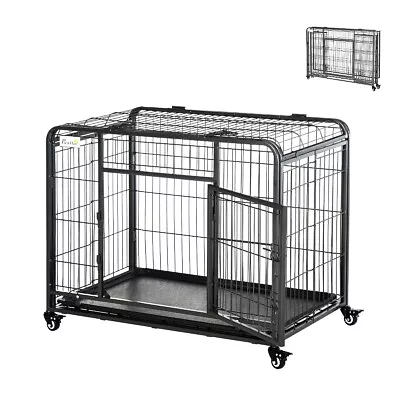 37 Inch Heavy Duty Folding Metal Dog Crate Kennel Removable Tray Locking Wheels • $122.71
