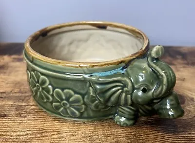 Vintage Green Elephant Planter Lucky Trunk Up Glazed Ceramic • $19.99