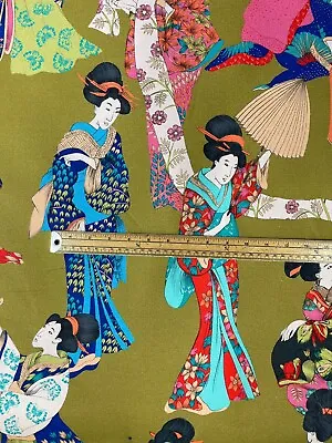 Gold Geisha Printed Cotton Fabric By Meter Japanese Lady Kimono Pink Red Floral • £3