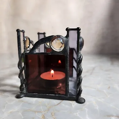 VTG Stained Glass Candle Holder SIGNED Art Glass • $65
