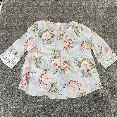 J Jill Love Linen Shirt Womens Large Floral Blouse 3/4 Sleeve Lace Trim Top • $22.99