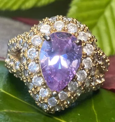 HUGE Sterling Silver Vermeil Pear Man-Made Pink Sapphire CZ Halo Dome Ring 8.25 • $140