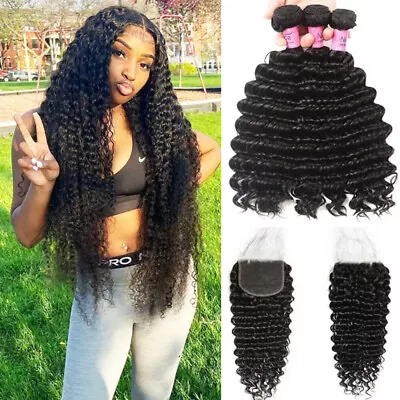 UNice Mongolian Deep Curly Wave 3 Bundles Human Hair Extension With Lace Closure • $160.47