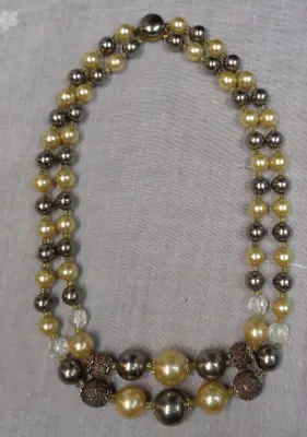 Vtg Estate Jewelry ~ IVORY BROWN Glass Bead Double Strand JAPAN Choker Necklace • $11.99
