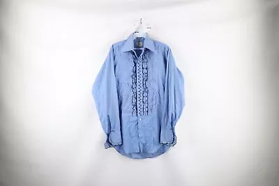 Vintage 60s Streetwear Mens 14.5 33 Gothic Ruffled Tuxedo Button Shirt Blue USA • $69.95