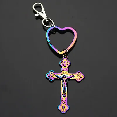 $6.99 • Buy Jesus On The Cross INRI Rainbow Neon Keychain Pendant Heart Shaped Key Ring Clip