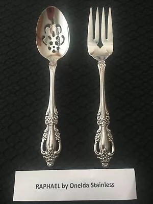 2 Pieces Oneida Raphael Stainless Pierced Serving Spoon & Meat Fork Free Ship • $15.99