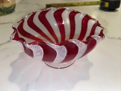 Vintage Venini Murano Glas Bowl Red Stripe White Zanfirico Ribbons • $50