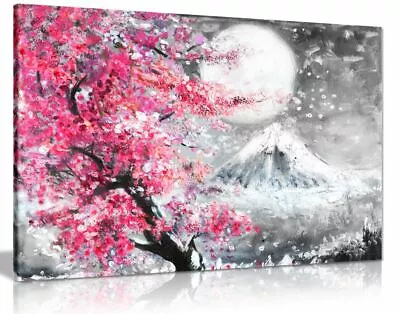 Pink Black & White Oil Painting Japanese Cherry Blossom Canvas Wall Art Print • £11.99