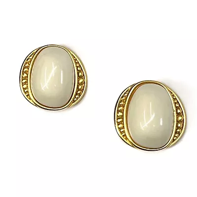 80s YSL Yves Saint Laurent Gold Plate Beaded Frame Ivory Cab Statement Earrings • £90.26