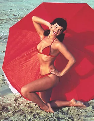 381430 Bettie Page On Beach Red Umbrella WALL PRINT POSTER AU • $29.65