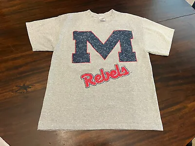 Vtg Ole Miss Rebels Factory Weathered Spatter T Shirt LARGE Gray By Soffe 2009 • $20