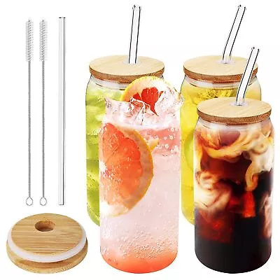 20oz Glass Cups With Bamboo Lids And Straws 4pcs Set For Beer Cocktail Tea Juice • $16.99