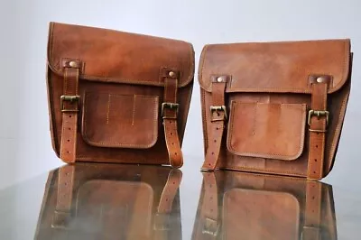 Pair Large Genuine Vintage Leather Motorcycle Saddle Two Side Bag Brown Luggage • $47.12