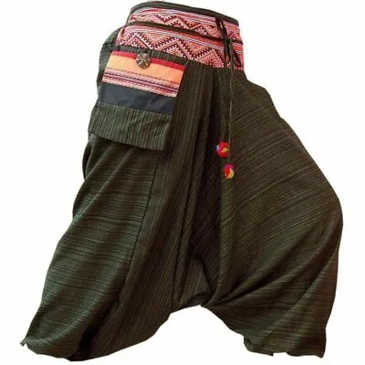 Mens / Womens Harem Pants Brown Cotton Gypsy Hippie Aladdin Hmong Baggy Casual • $21.95