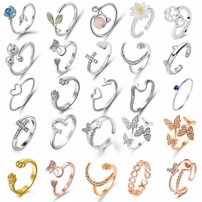 Cat Ring Adjustable Crystal Animal Leaf Paw Open Band Women Finger Knuckle Gift • $1.03