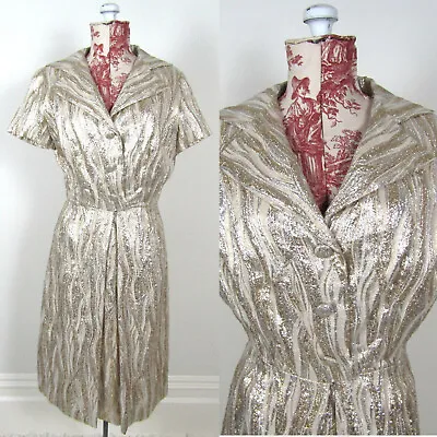 Vtg 50s 60s GOLD SILVER SILK PINUP BROCADE DRESS Metallic TAPESTRY Rockabilly • $95