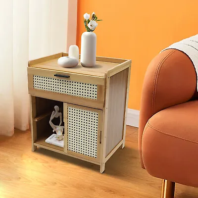 Nightstand Bamboo End Table Bedside Table W/Drawer & Shelf Bohemian End Table US • $54