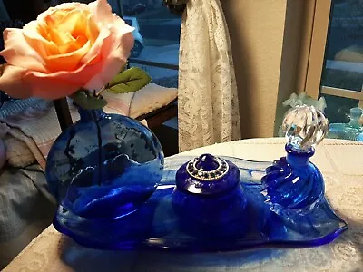 Vintage Cobalt Glass Vanity Perfume Set SWEET CHIC AND VERY BEAUTIFUL & MINT!! • $98