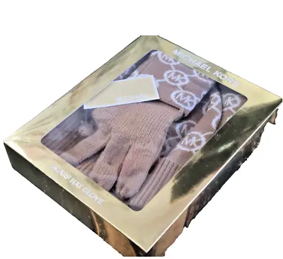 Michael Kors Glove/Beanie Hat/Scarf Beige Brown Monogram Women Gift Set • $58