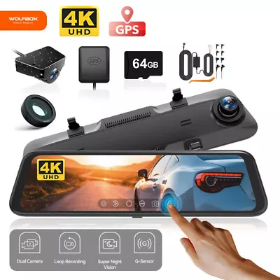 WOLFBOX 4K Mirror Dash Cam Front And Rear Hardwire KitPolarizing Lens & SD Card • $135.35