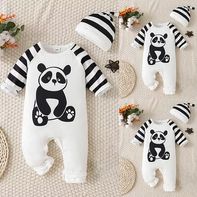 Toddler Kids Baby Panda Printed Romper Pants Trousers Hats Outfits Set Clothes • £7.79