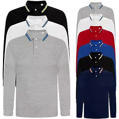 Mens Long Sleeve Tipping Polo Shirt Casual Button Pique Warm Collared Top • £8.99