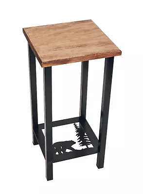 Rustic Black Iron Bear Tree Stained Wood Country Cabin Accent Drink Table • $177.95