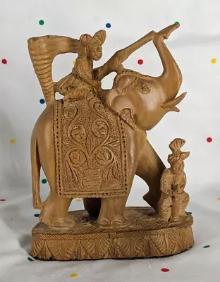 Vintage Solid Wood Hand Carved Elephant Figurine W/Base Warrior & Rider 5  Pac • $56