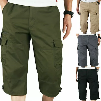 Mens Cargo Shorts 3/4 Length Elastic Waist Combat Three Quarter Summer Pants.﹏ • $34.99