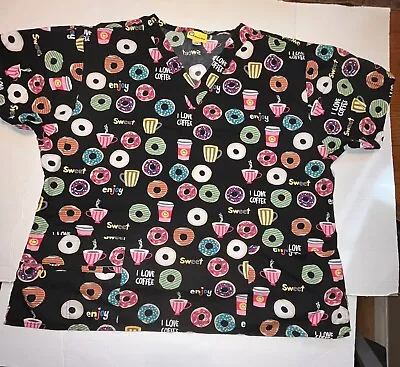 Wonder Wink  Scrub Top Womans 2XL Coffee Donuts Short Sleeve Vet Cafeteria Fun • $15