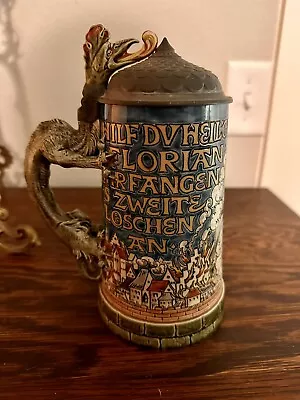 Saint Florian Puts Out Fire By Mettlach 1/2 L German Beer Stein Antique # 1786 • $200