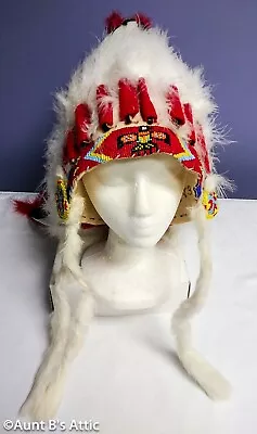 Native American Adult Red/Wht/Blk Beaded Feathered Chief Costume Headpiece OS • $45