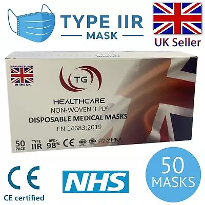 Type IIR 2R Surgical Mask 3-Ply Medical Grade EN14683 CE Approved 50 Face Masks • £7.99