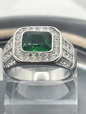 Mens Signet  Ring Emerald Green Pinky Stainless Steel Cubic Zirconia Classy K495 • £20.99