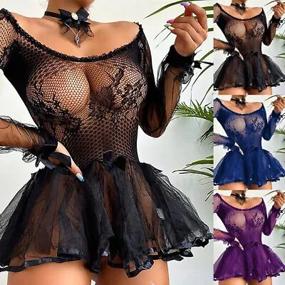 Sexy Women Lingerie Babydoll Lace Mesh Cosplay Mini Dress Set Sleepwear Skirts • £3.99